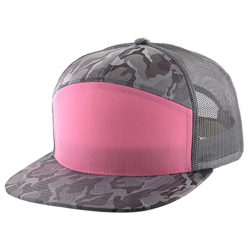 Kamel 707 Washed Camo 7 Panel Flat Adjustable Snapback Mesh Trucker Cap