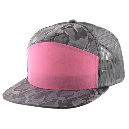 Kamel 707 Washed Camo 7 Panel Flat Adjustable Snapback Mesh Trucker Cap