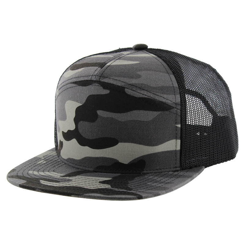 Kamel 707 Washed Camo 7 Panel Flat Adjustable Snapback Mesh Trucker Cap