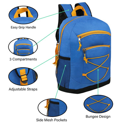 17" Wholesale Bungee Backpacks in 8 Assorted Colors - Bulk Case of 24 Bookbags