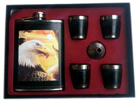 Eagle with Sunrise Flask Set - 9 oz Flask with Four Shot Glasses & Funnel