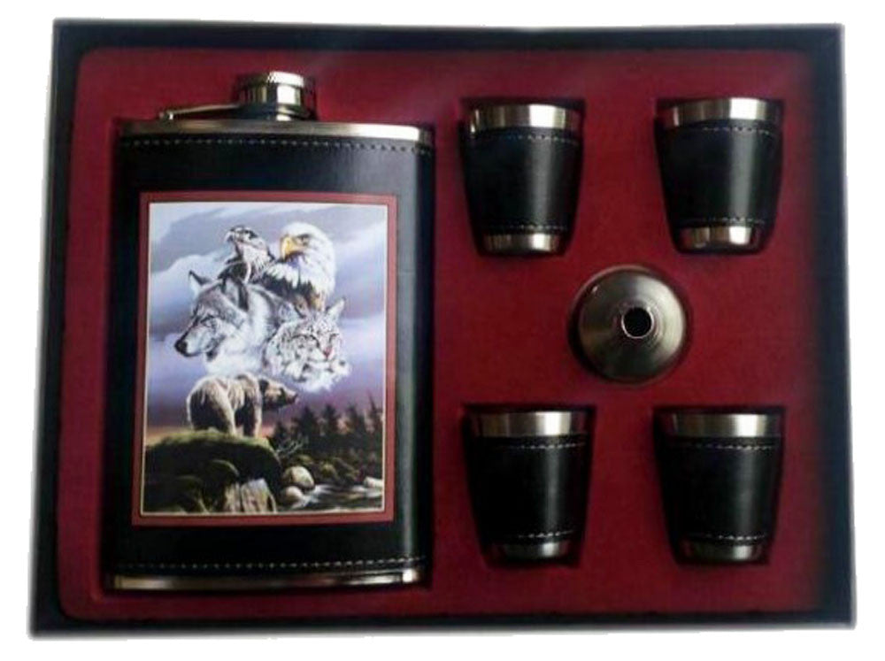 Wild Animals Flask Set with 4 Shot Glasses and Funnel - Stainless Steel Gift Set