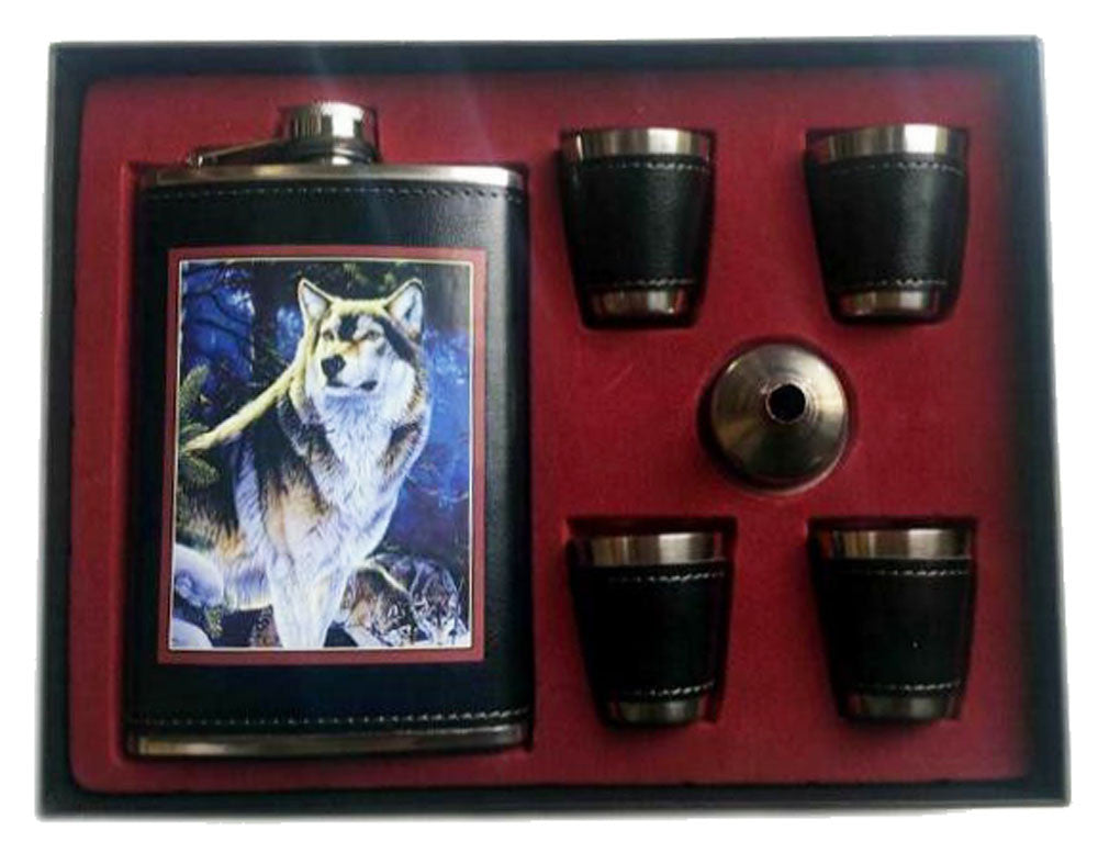 New Wolf Flask Set - 9 oz Stainless Steel Flask with Shot Glasses & Funnel