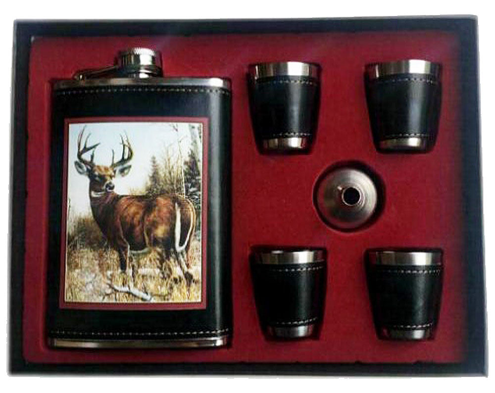 Big Buck Deer Flask Set with 4 Shot Glasses and Funnel - Stainless Steel Gift Set