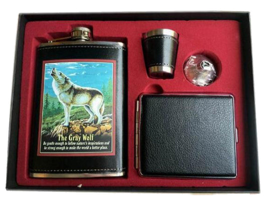 Howling Wolf Flask Set with Cigarette Case, Shot Cup, and Funnel - Stainless Steel Gift Set