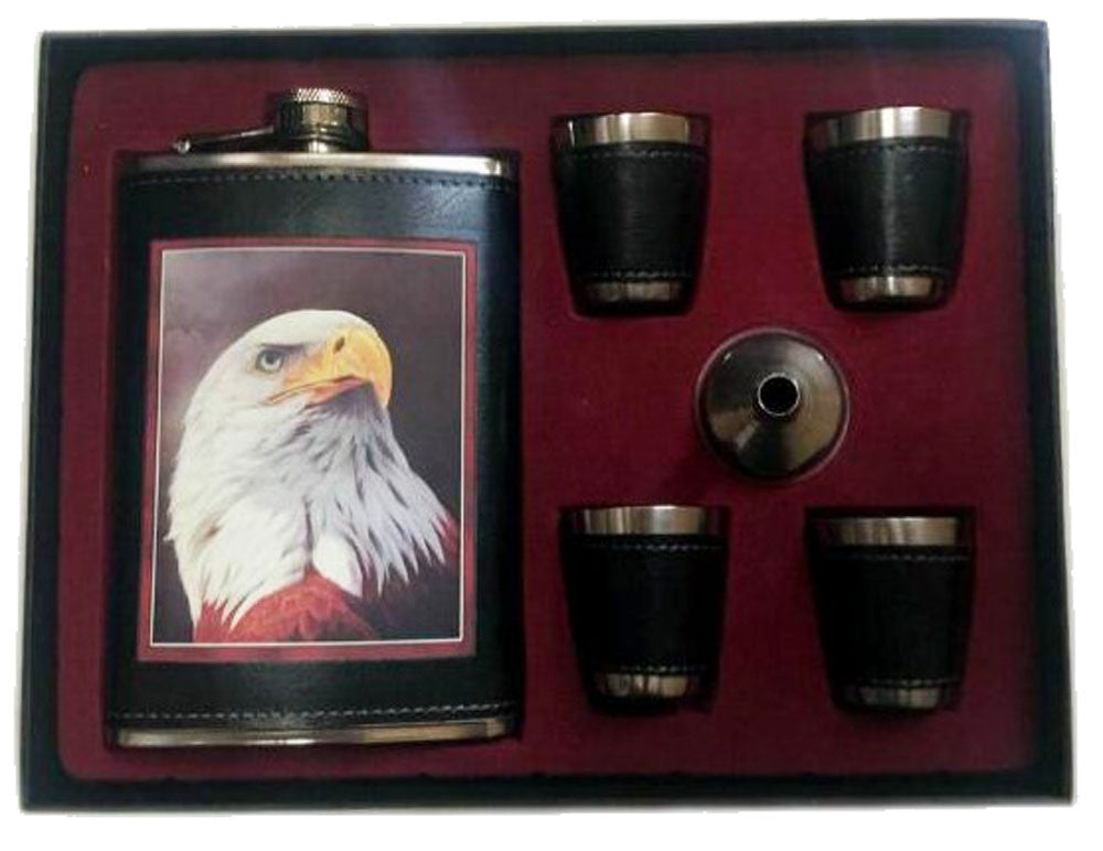 Eagle Head Flask Set with 4 Shot Glasses and Funnel - Stainless Steel Gift Set