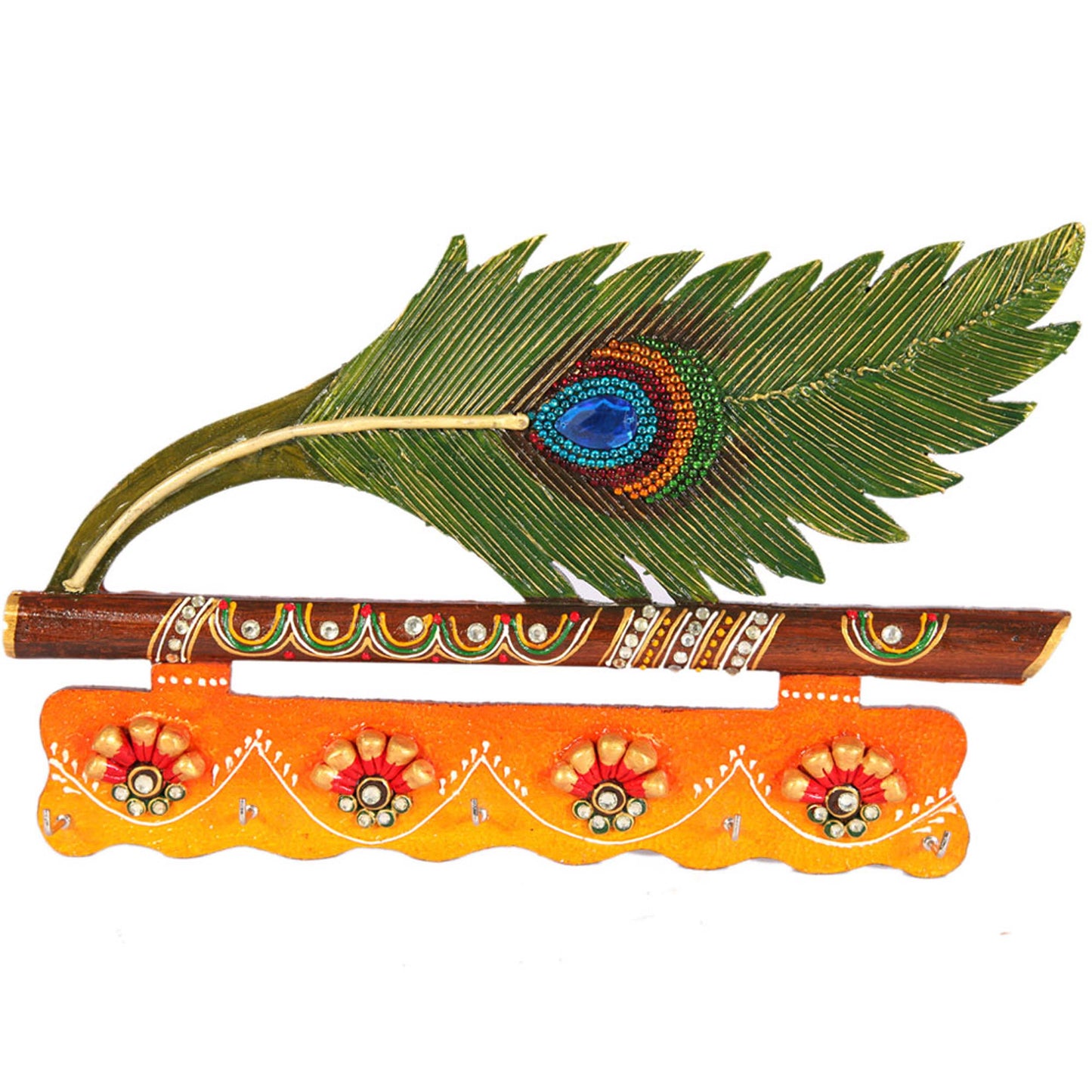 Peacock Feather & Wood Kundan Crafted Wall Key Holder (Sold By 10 PCS)