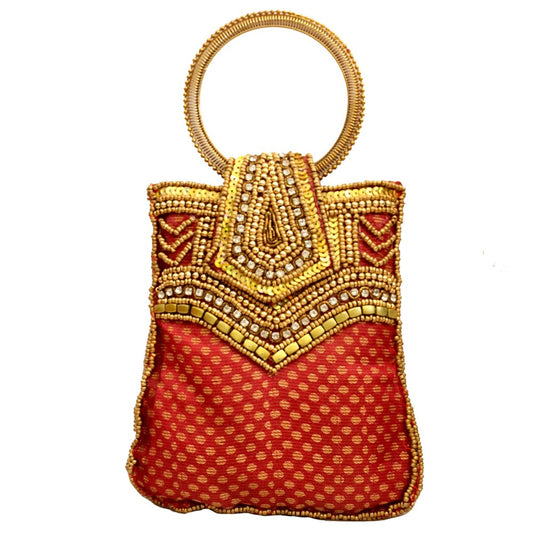 Red Pouch Bag With Golden Design -(Sold By 10 PCS)