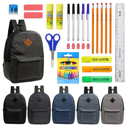 12 Wholesale 17" Backpacks in Assorted Colors with a Diamond Patch & 12 Bulk School Supply Kits of Your Choice