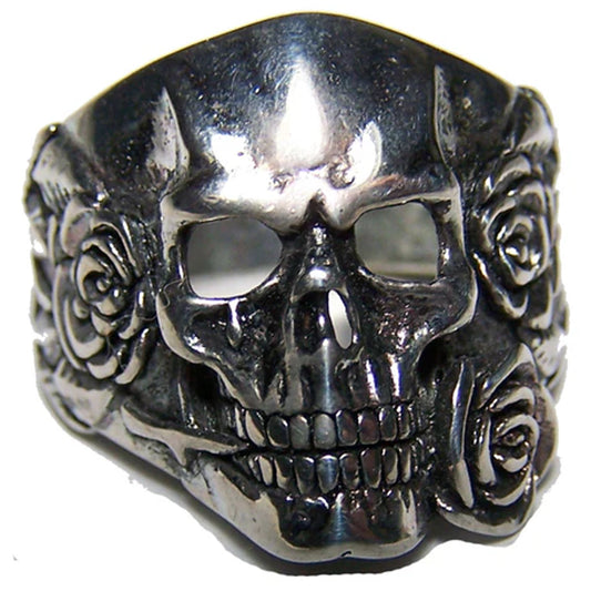 Skull Head and Roses Biker Ring - Sterling Silver Plated, High-Quality USA-Made