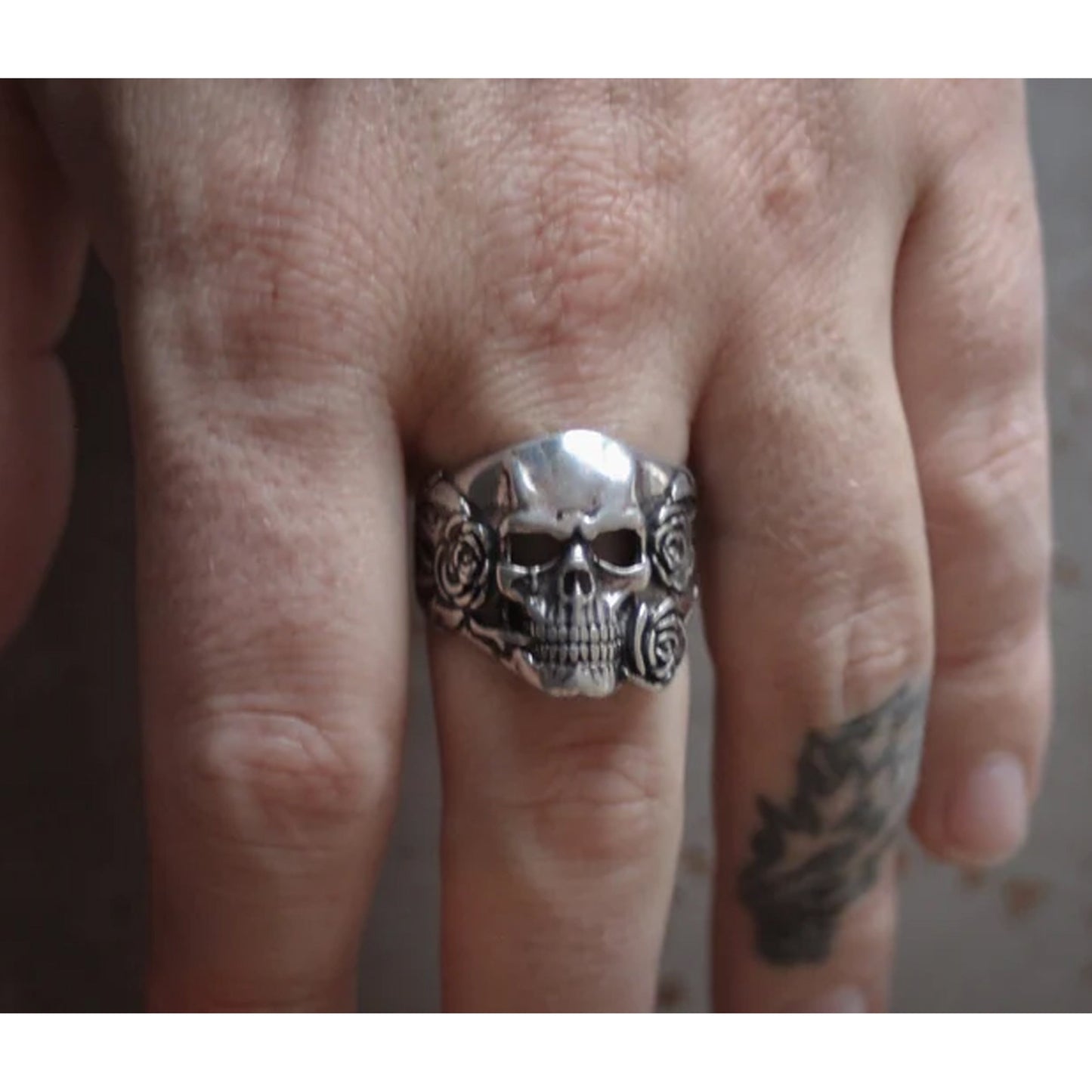 Skull Head and Roses Biker Ring - Sterling Silver Plated, High-Quality USA-Made