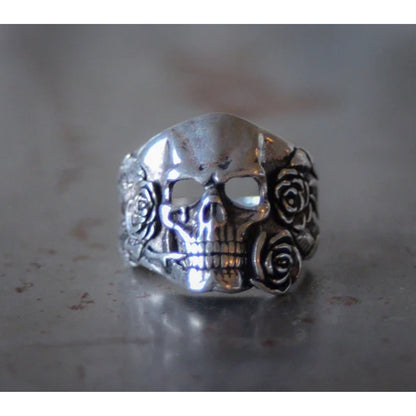 Skull Head and Roses Biker Ring - Sterling Silver Plated, High-Quality USA-Made