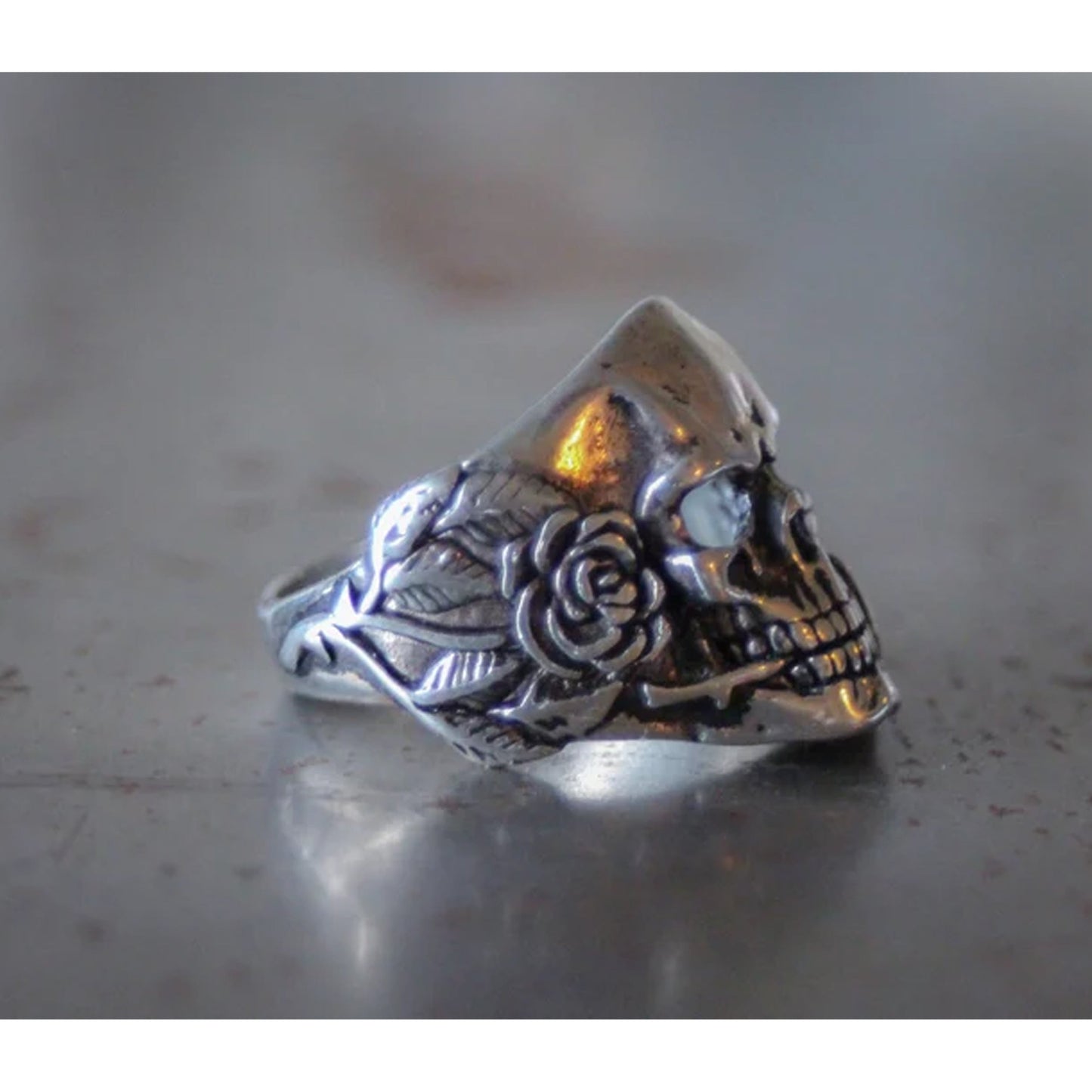 Skull Head and Roses Biker Ring - Sterling Silver Plated, High-Quality USA-Made