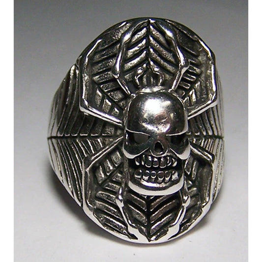 Skull Head Spider in Web Biker Ring