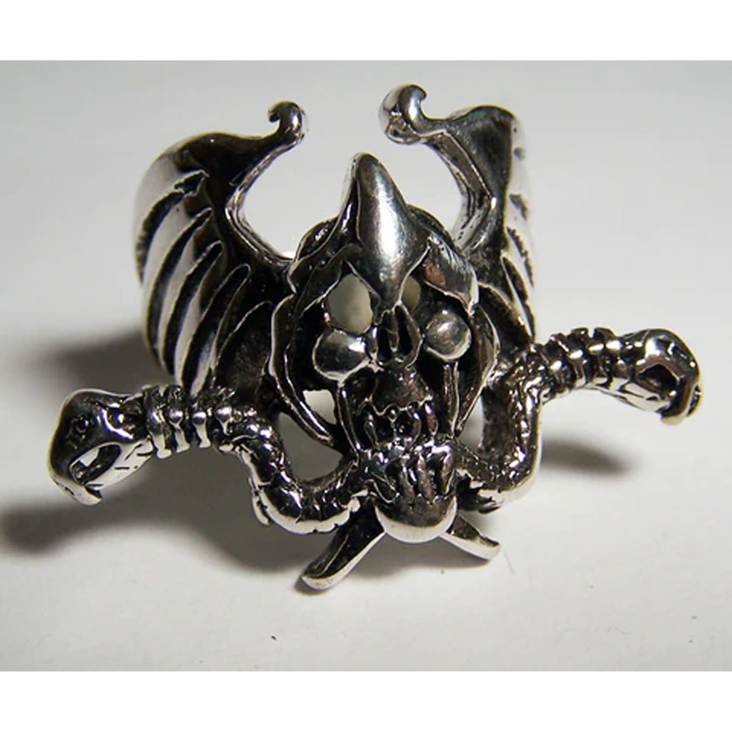 Skull Snakes Wings Silver Biker Ring - Wholesale