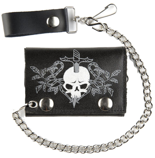 Skull & Dagger Trifold Leather Wallet with Chain - Genuine Leather