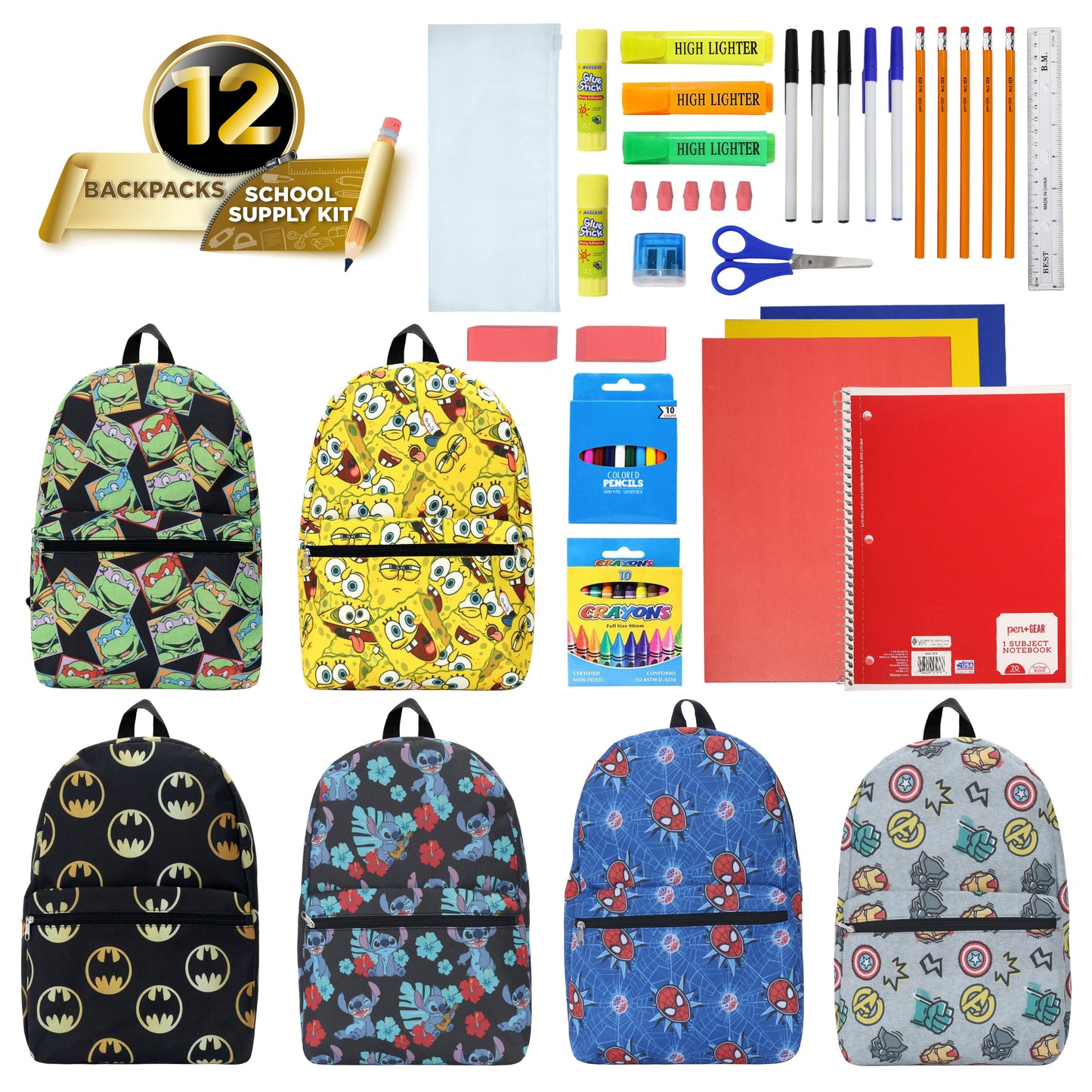 12 Wholesale 17" Licensed Character Backpacks & 12 Bulk School Supply Kits of Your Choice