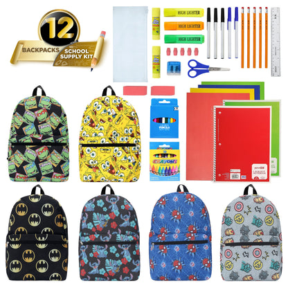 12 Wholesale 17" Licensed Character Backpacks & 12 Bulk School Supply Kits of Your Choice