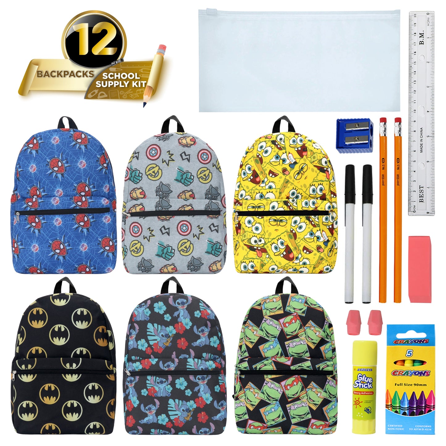 12 Wholesale 17" Licensed Character Backpacks & 12 Bulk School Supply Kits of Your Choice