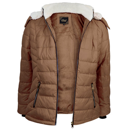 Women's Warm Wholesale Puffer Coats in Brown in Assorted Sizes - Bulk Case of 12 Winter Jackets