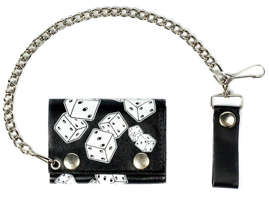 Playing Dice Trifold Leather Wallet with Chain - Genuine Leather, High-Quality American Made