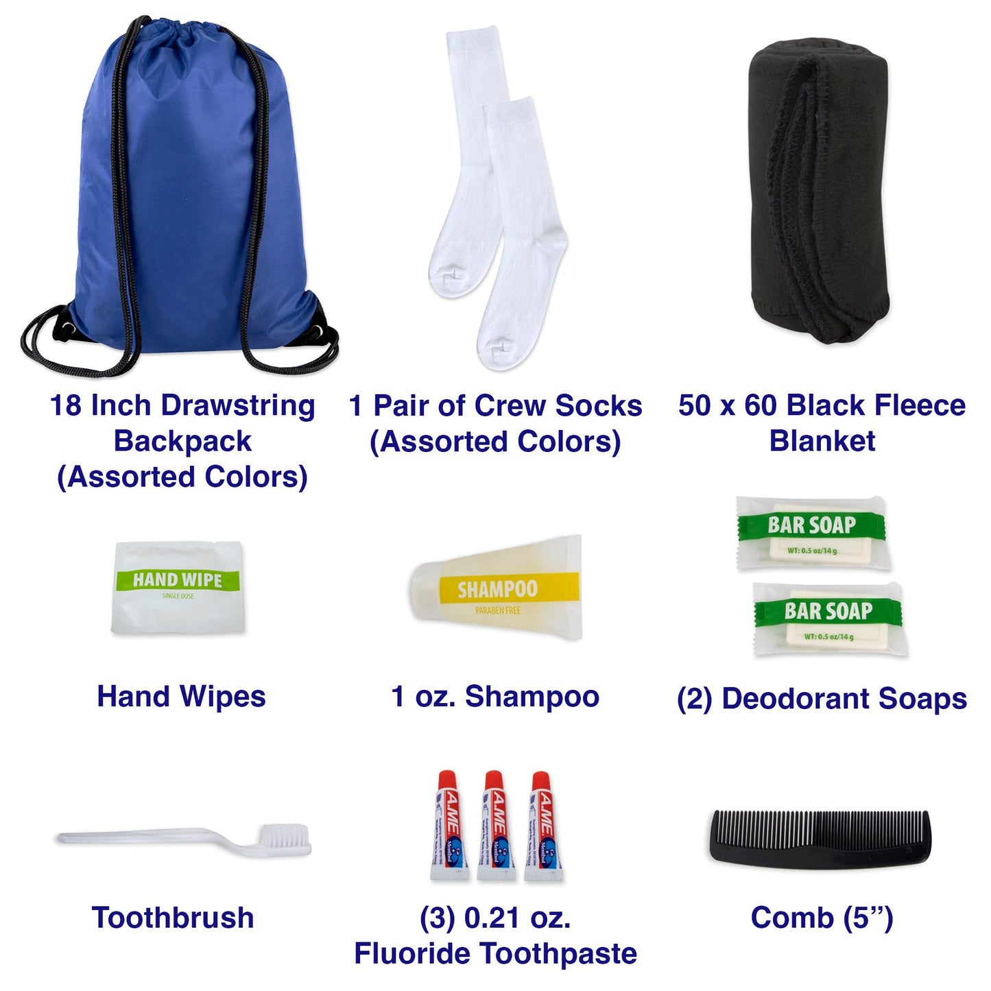 10-Piece Deluxe Hygiene Kit with Drawstring Bag, Socks, Blanket – NoveltiesMart Wholesale