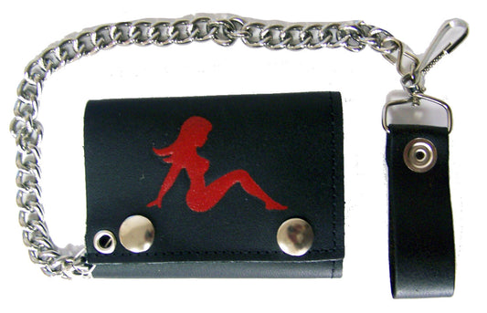 Red Mud Flap Trucker Girl Trifold Leather Wallet with Chain - Genuine Leather.