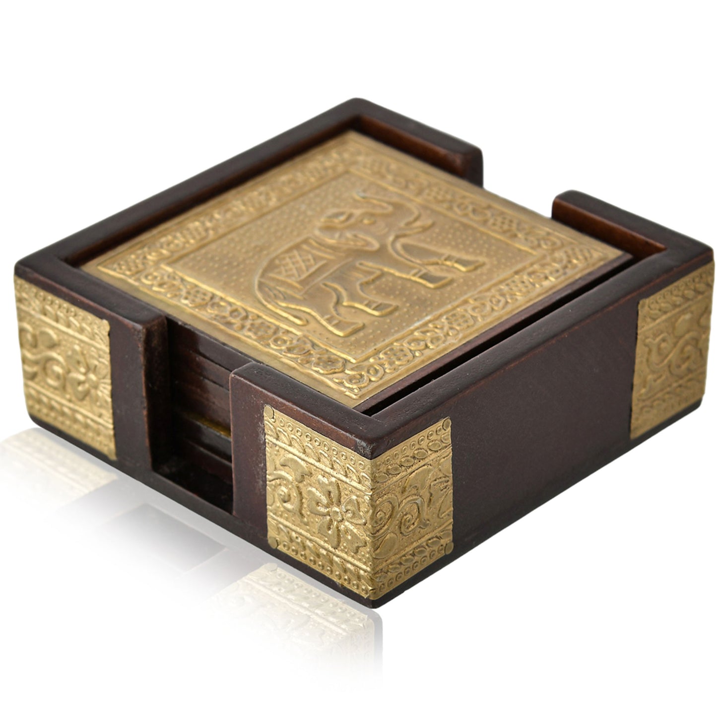 Wooden Coaster Set with Brass Elephant Inlay - 4x4 Inches