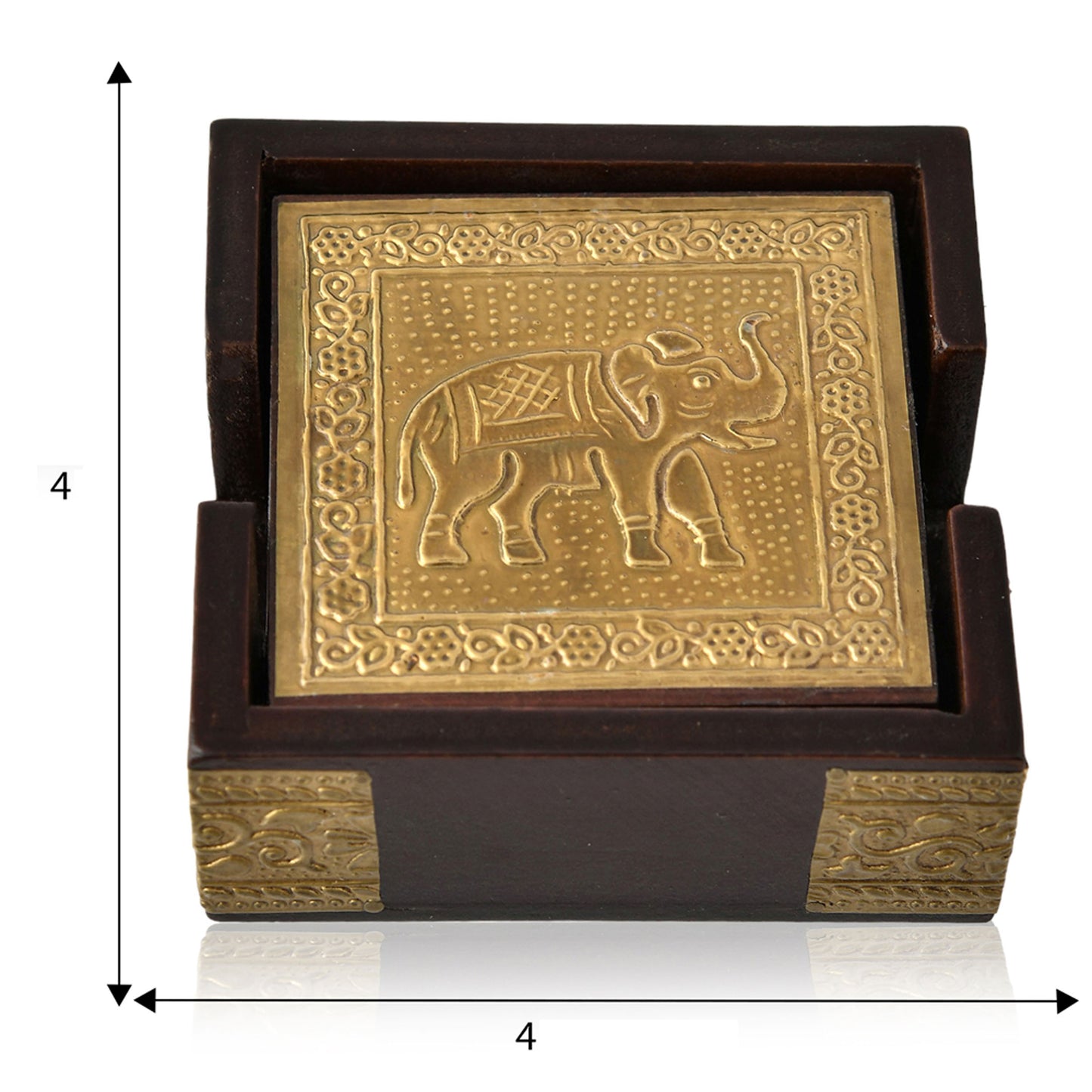 Wooden Coaster Set with Brass Elephant Inlay - 4x4 Inches