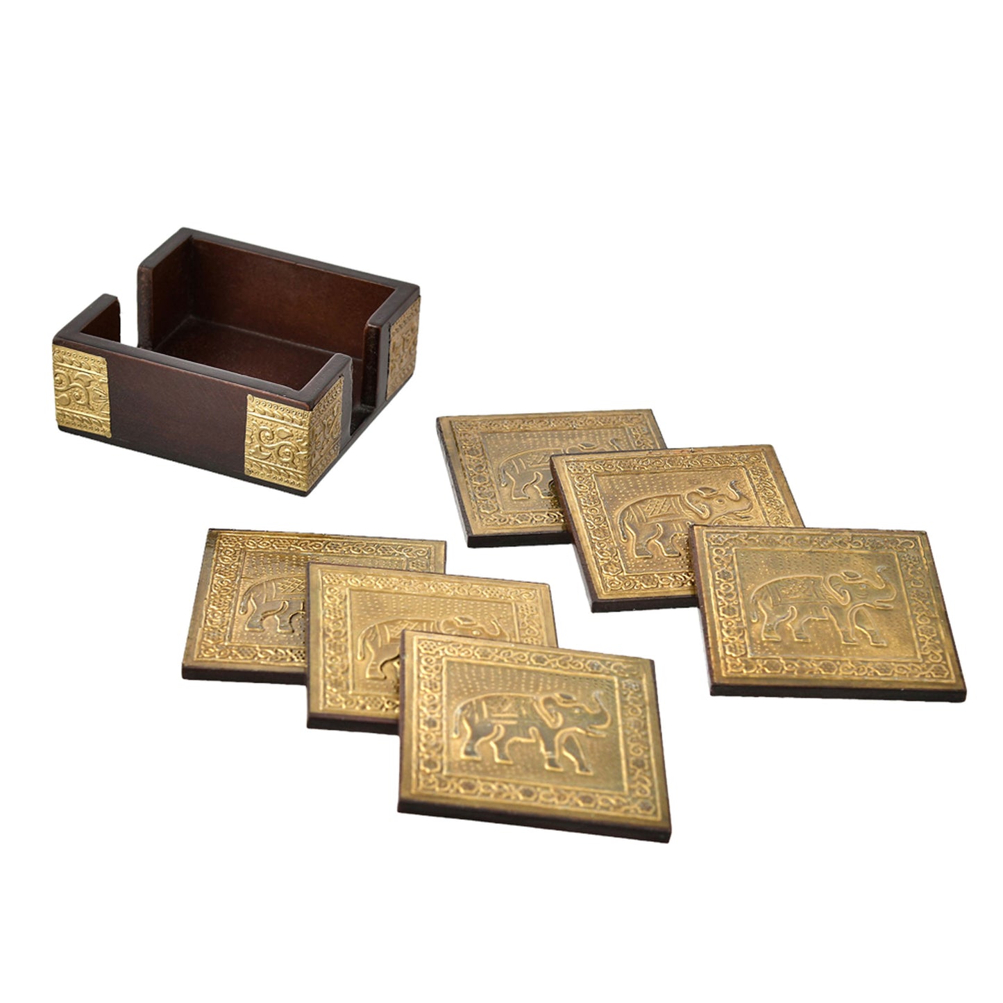 Wooden Coaster Set with Brass Elephant Inlay - 4x4 Inches