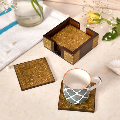 Wooden Coaster Set with Brass Elephant Inlay - 4x4 Inches