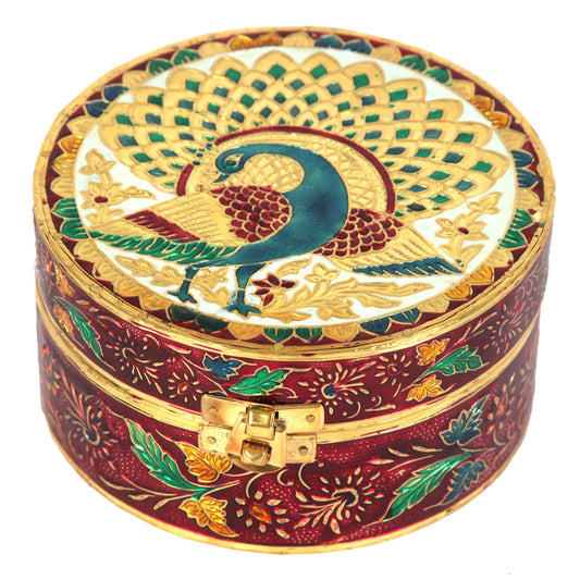 Wooden Hand Craft Round Box with Meenakari Work