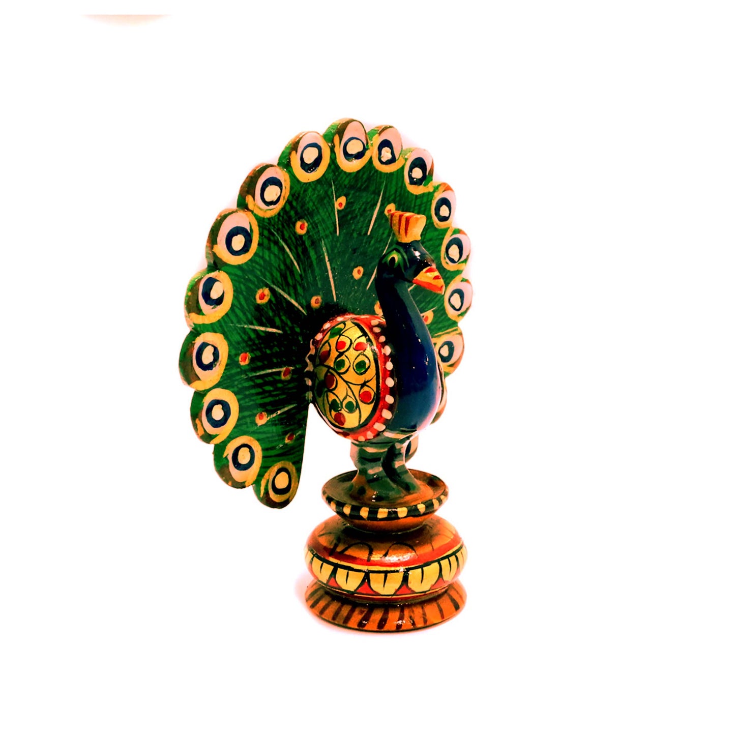 Wooden Peacock Showpiece with Meena Designs - 3.5 x 1.5 x 4.5 Inches