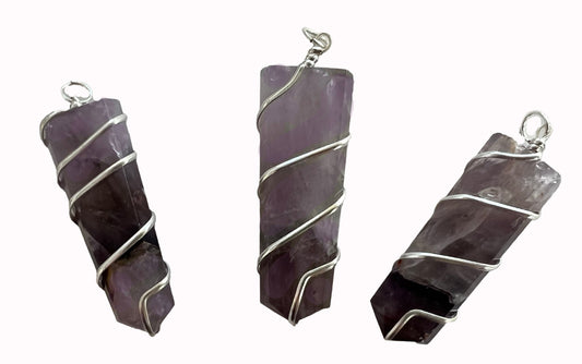 Large 2" Flat Amethyst Coil Wrapped Stone Pendant - Wholesale - NoveltiesMart.com Wholesale