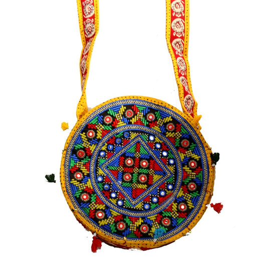 Sky Blue Circular Ethnic Bag With Long Handle -(Sold By 10 PCS)