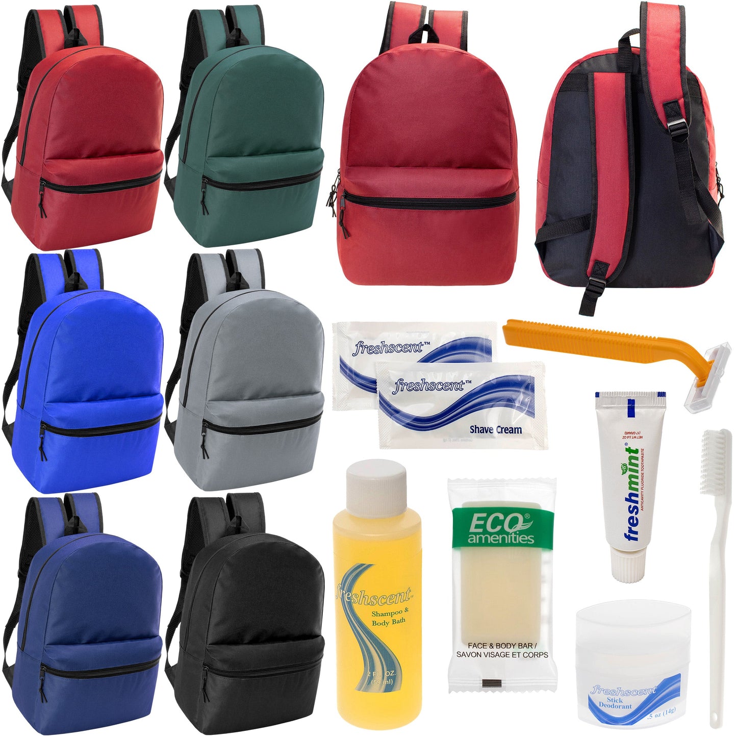 12 17" Classic Backpacks in 6 Assorted Colors & Your Choice of 12 Bulk Hygiene Kits - Wholesale Care Package: Homeless, Emergency, Charity