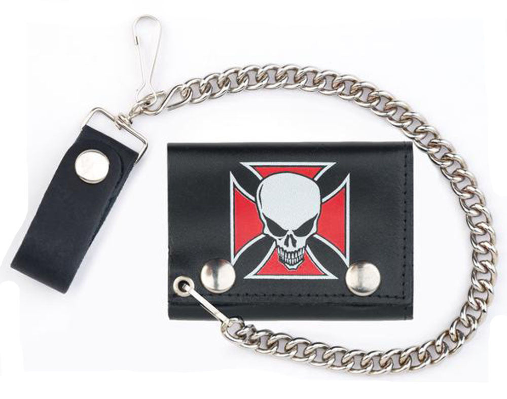 Skull Red Iron Cross Trifold Leather Wallet with Chain - Genuine Leather, Durable & American Made