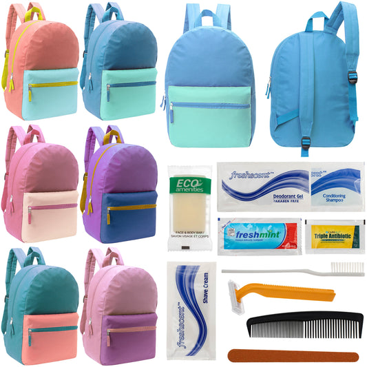 12 17" Two Tone Backpacks in 6 Color Combinations & Your Choice of 12 Bulk Hygiene Kits - Wholesale Care Package: Homeless, Emergency, Charity